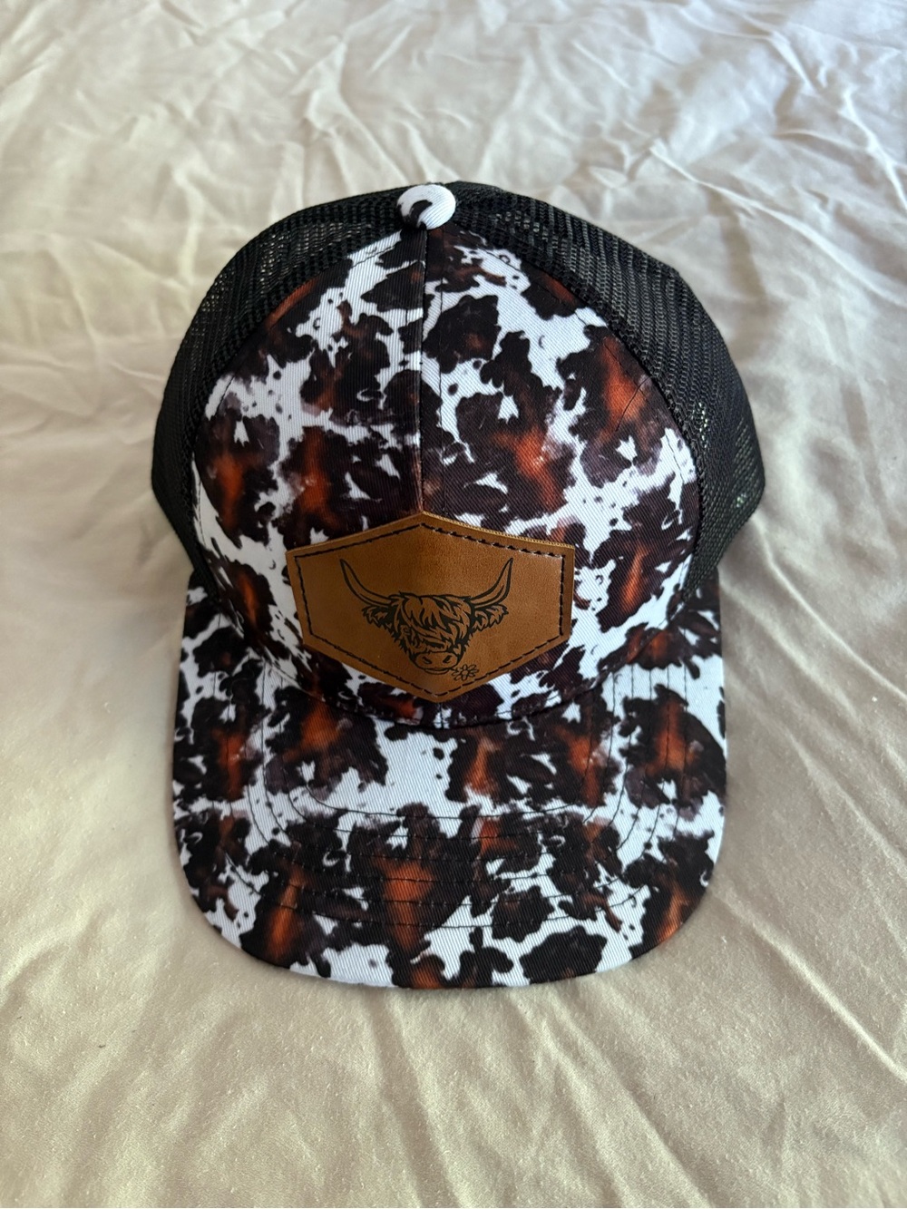Brown & Black Cowhide Pattern Trucker Cap with Leather Patch